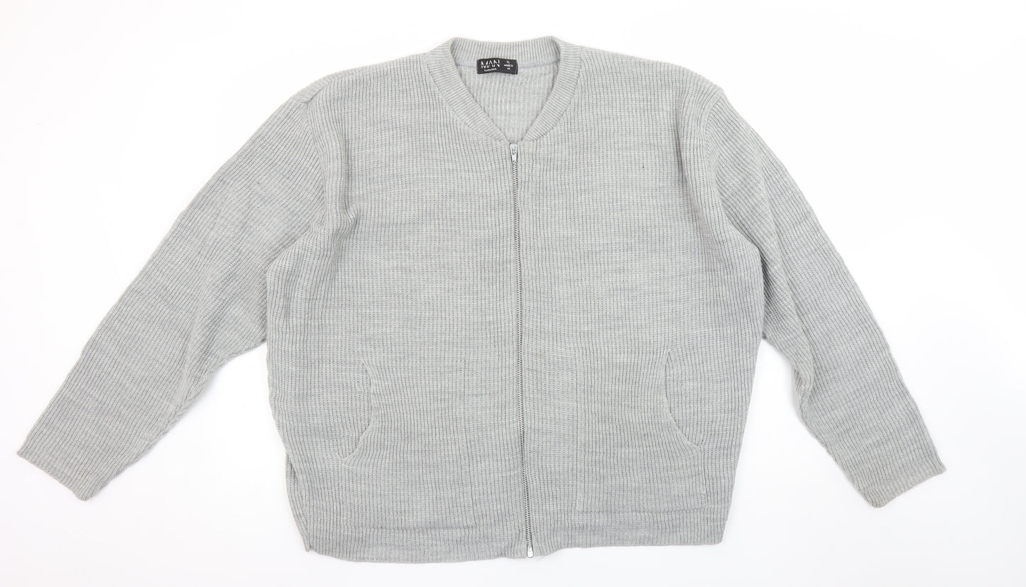 boohooMAN Men's Grey XL Full Zip Waffle Knit Cardigan Jumper
