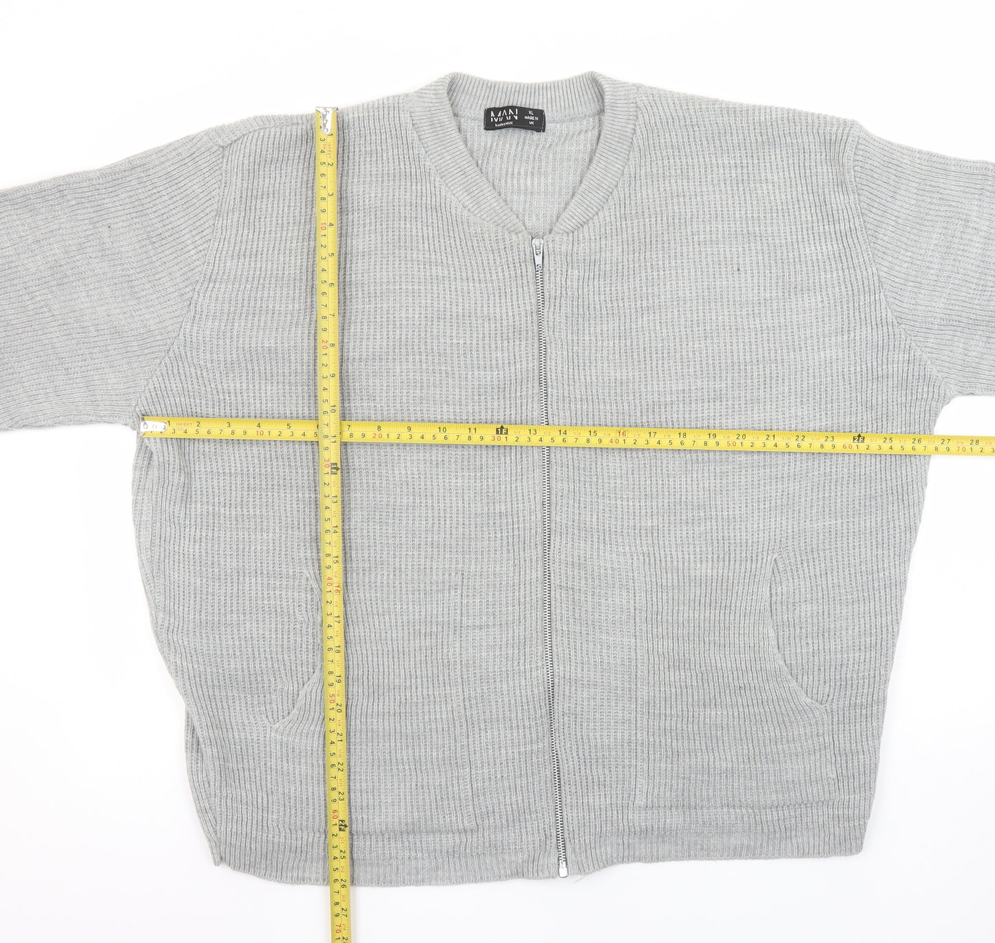 boohooMAN Men's Grey XL Full Zip Waffle Knit Cardigan Jumper