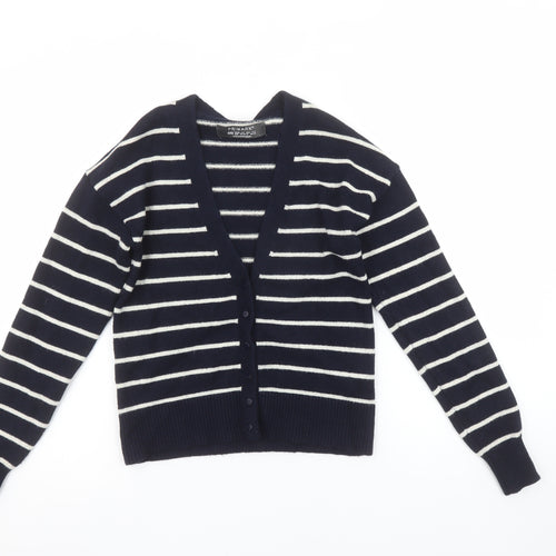 Primark Women Blue Striped V-Neck Cardigan 2XS Knit Long Sleeve