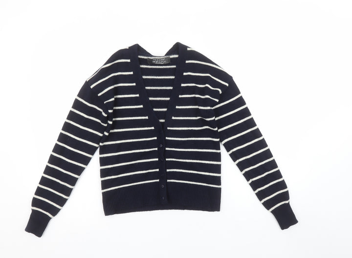 Primark Women Blue Striped V-Neck Cardigan 2XS Knit Long Sleeve