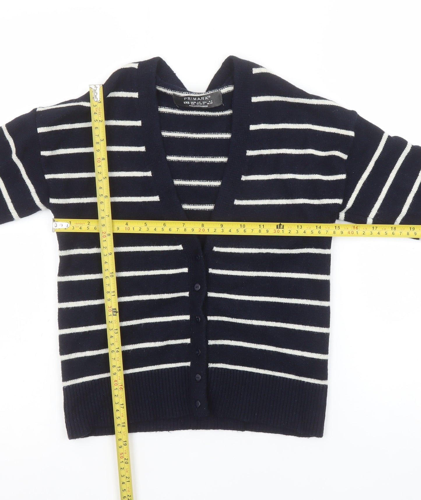 Primark Women Blue Striped V-Neck Cardigan 2XS Knit Long Sleeve