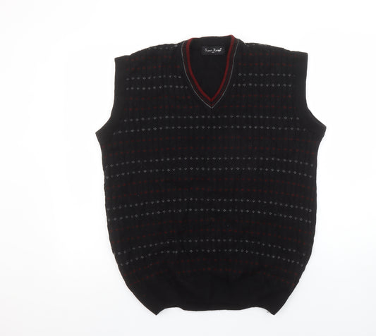 Super Range Men's Black Geometric Knit Sleeveless V-Neck Jumper Vest L