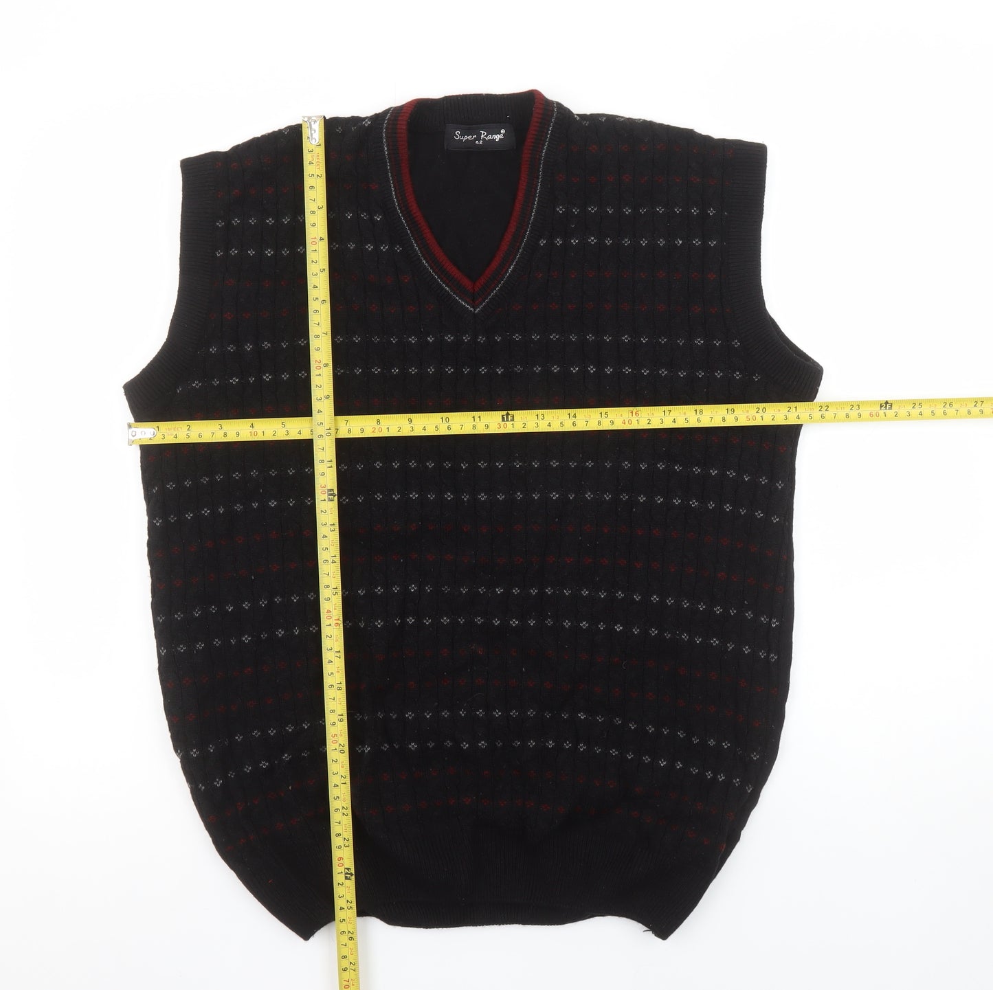 Super Range Men's Black Geometric Knit Sleeveless V-Neck Jumper Vest L