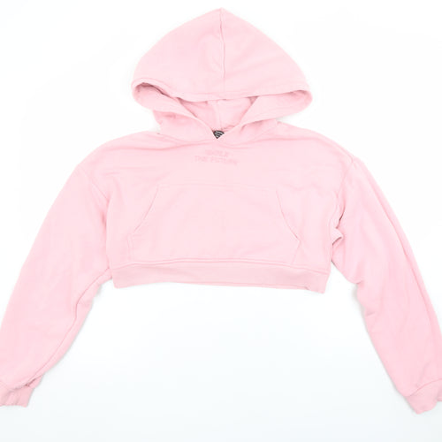 Bershka Women's Pink Cropped Pullover Hoodie Size L