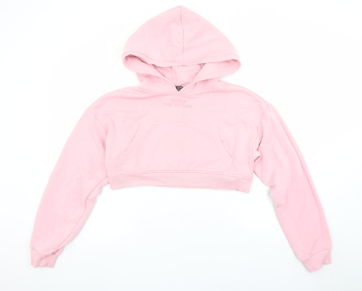 Bershka Women's Pink Cropped Pullover Hoodie Size L