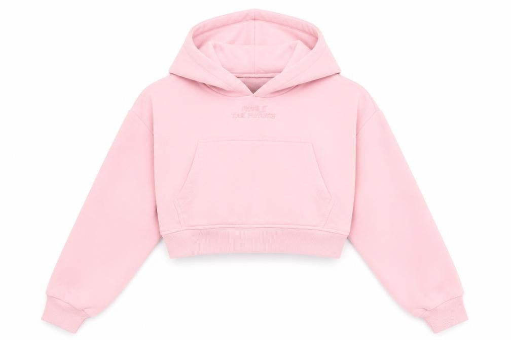 Front view of Bershka Women's Pink Cropped Pullover Hoodie, size L