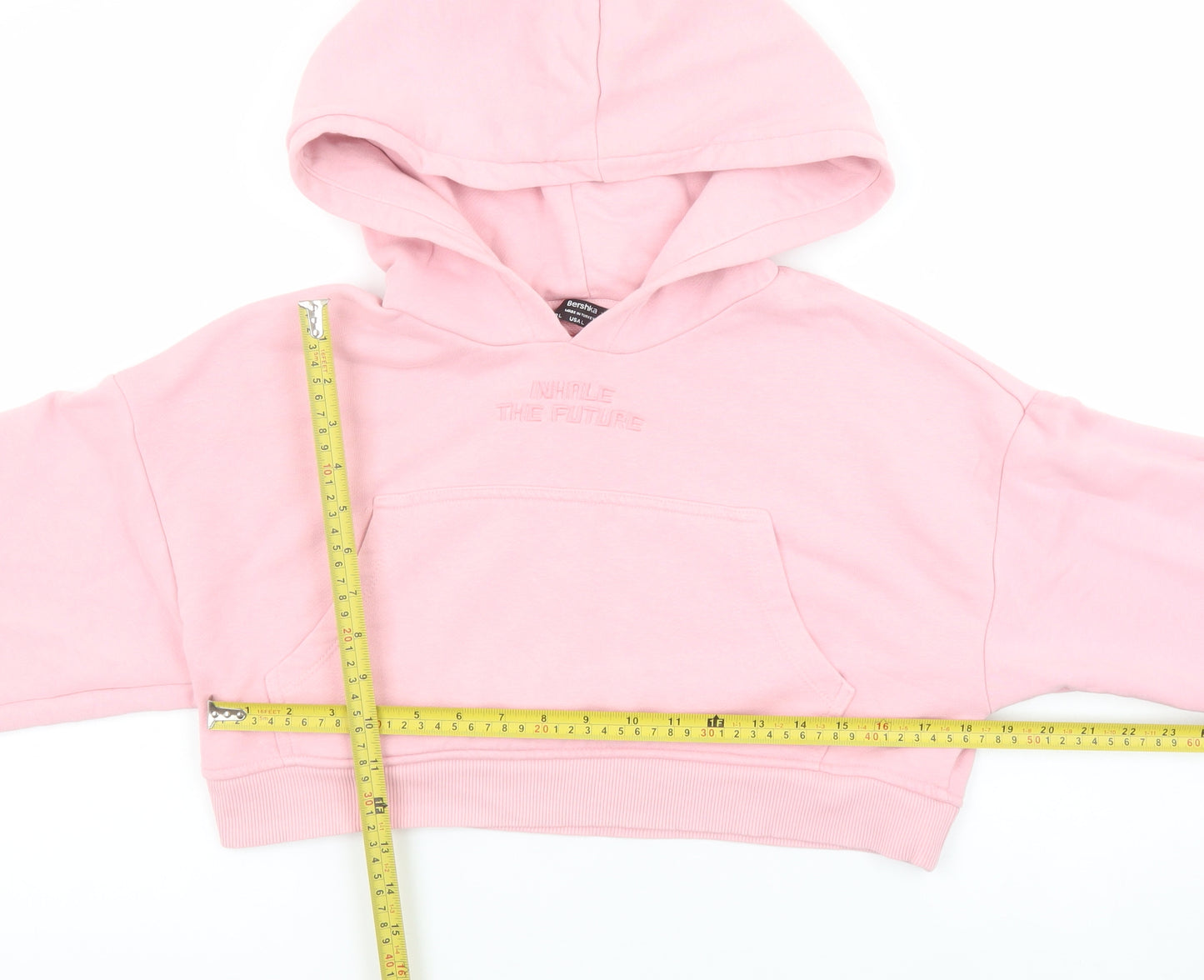 Bershka Women's Pink Cropped Pullover Hoodie Size L
