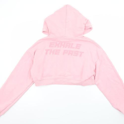 Bershka Women's Pink Cropped Pullover Hoodie Size L