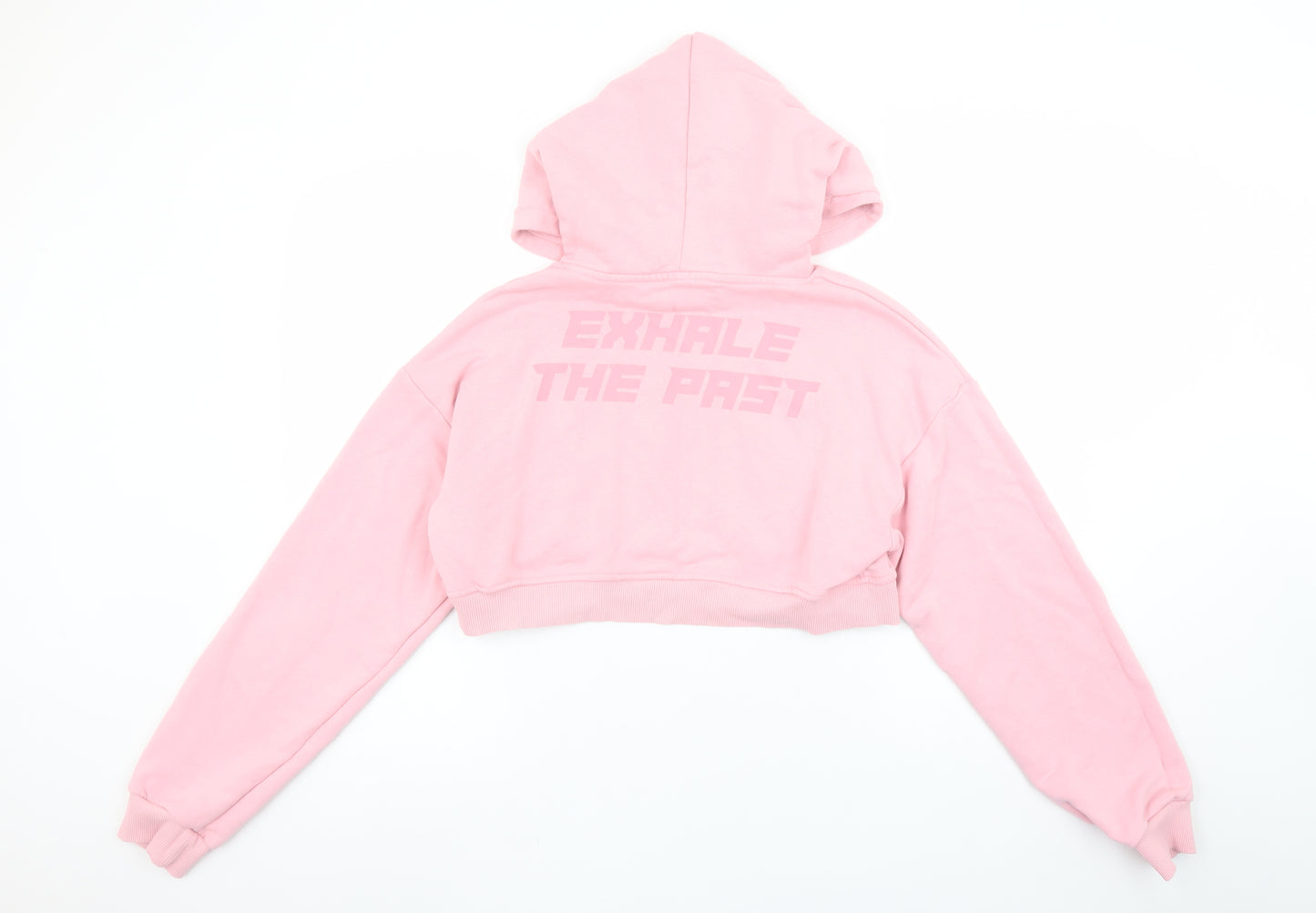 Bershka Women's Pink Cropped Pullover Hoodie Size L