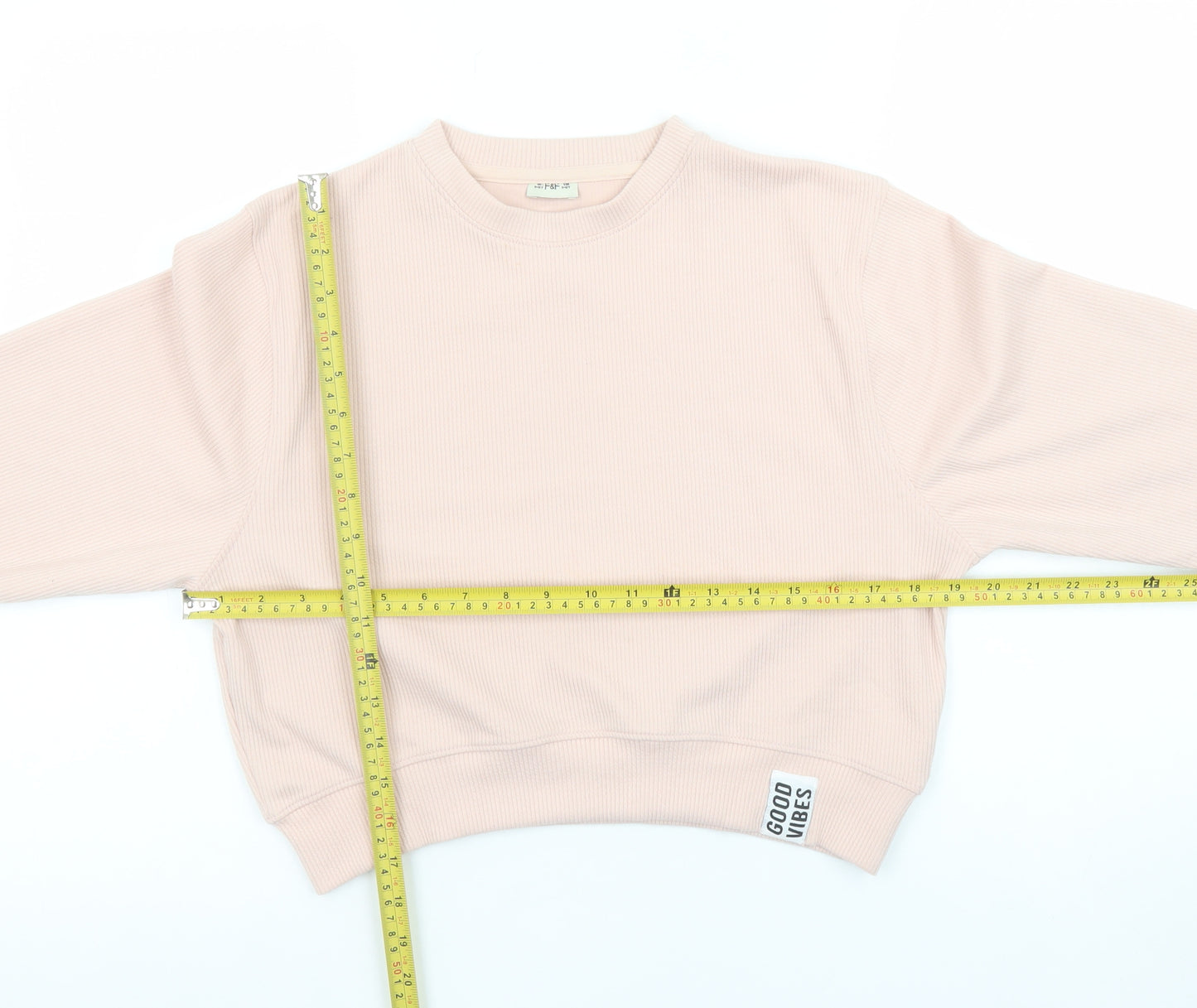 F&F Girls Beige Pullover Sweatshirt 12-13 Years Crew Neck 'Good Vibes'