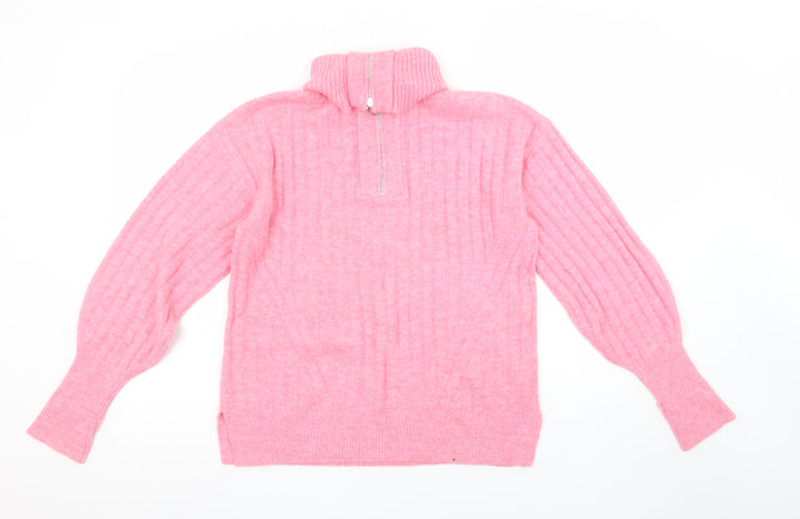 F&F Women’s Pink Ribbed 1/2 Zip High Neck Jumper Size XS