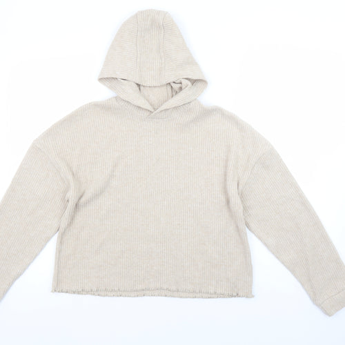 F&F Girls Beige Rib Knit Pullover Hoodie 11-12 Years Long Sleeve