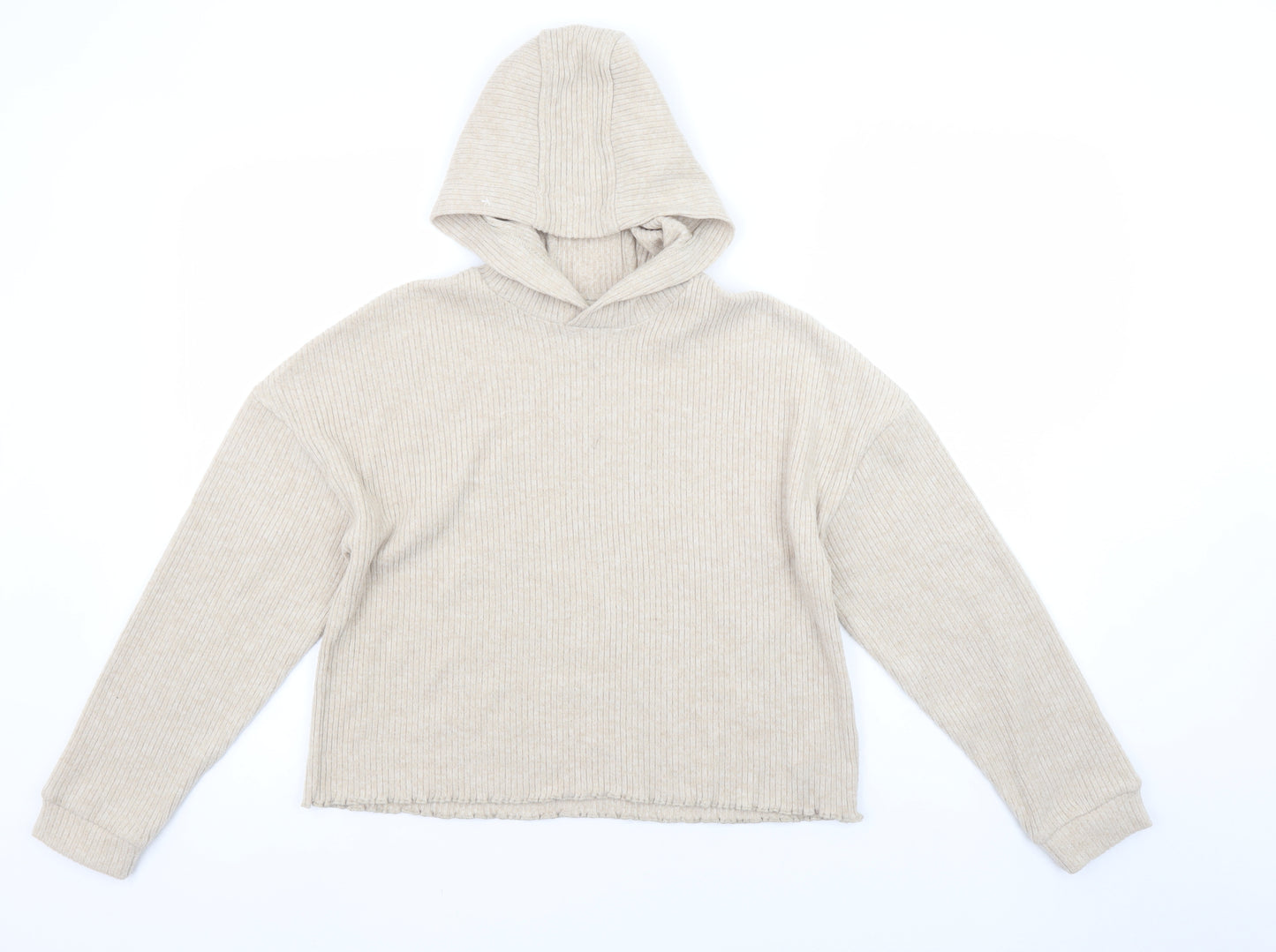 F&F Girls Beige Rib Knit Pullover Hoodie 11-12 Years Long Sleeve