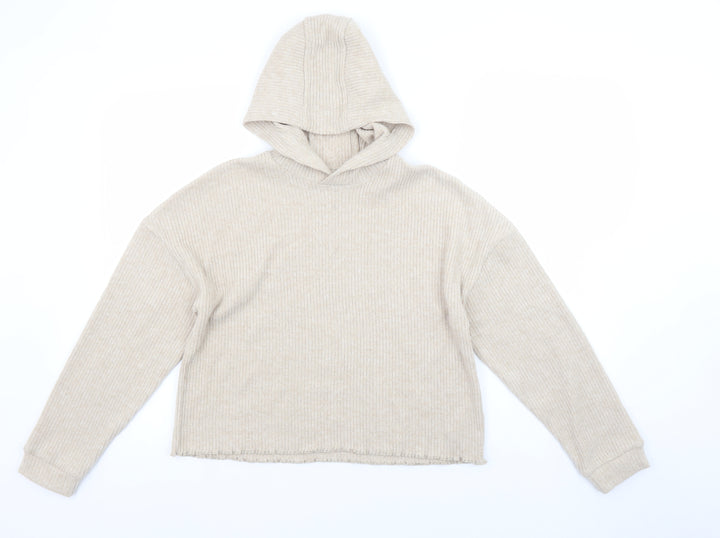 F&F Girls Beige Rib Knit Pullover Hoodie 11-12 Years Long Sleeve