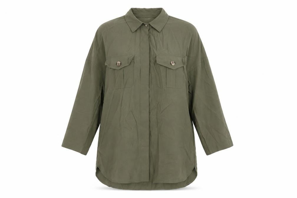 Front view of Stradivarius Women’s Green Button-Up Relaxed Shirt, size UK 12