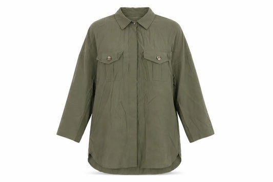 Front view of Stradivarius Women’s Green Button-Up Relaxed Shirt, size UK 12