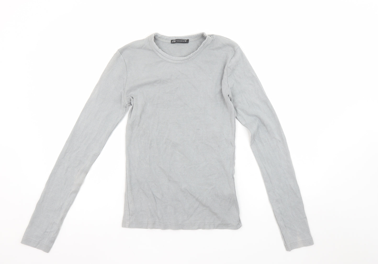 Zara Womens Grey Long Sleeve Ribbed Basic T-Shirt Medium Cotton Blend