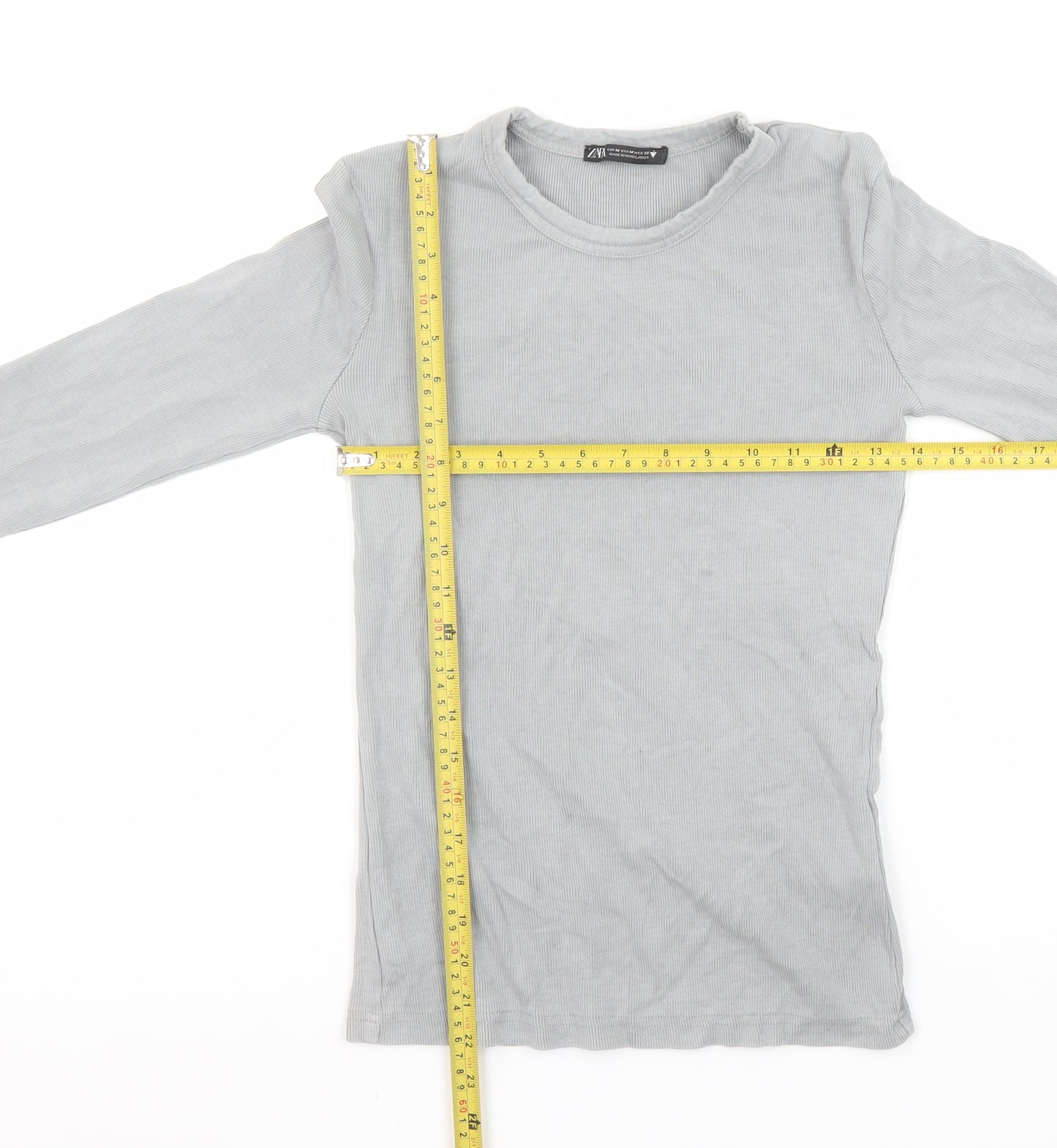 Zara Womens Grey Long Sleeve Ribbed Basic T-Shirt Medium Cotton Blend