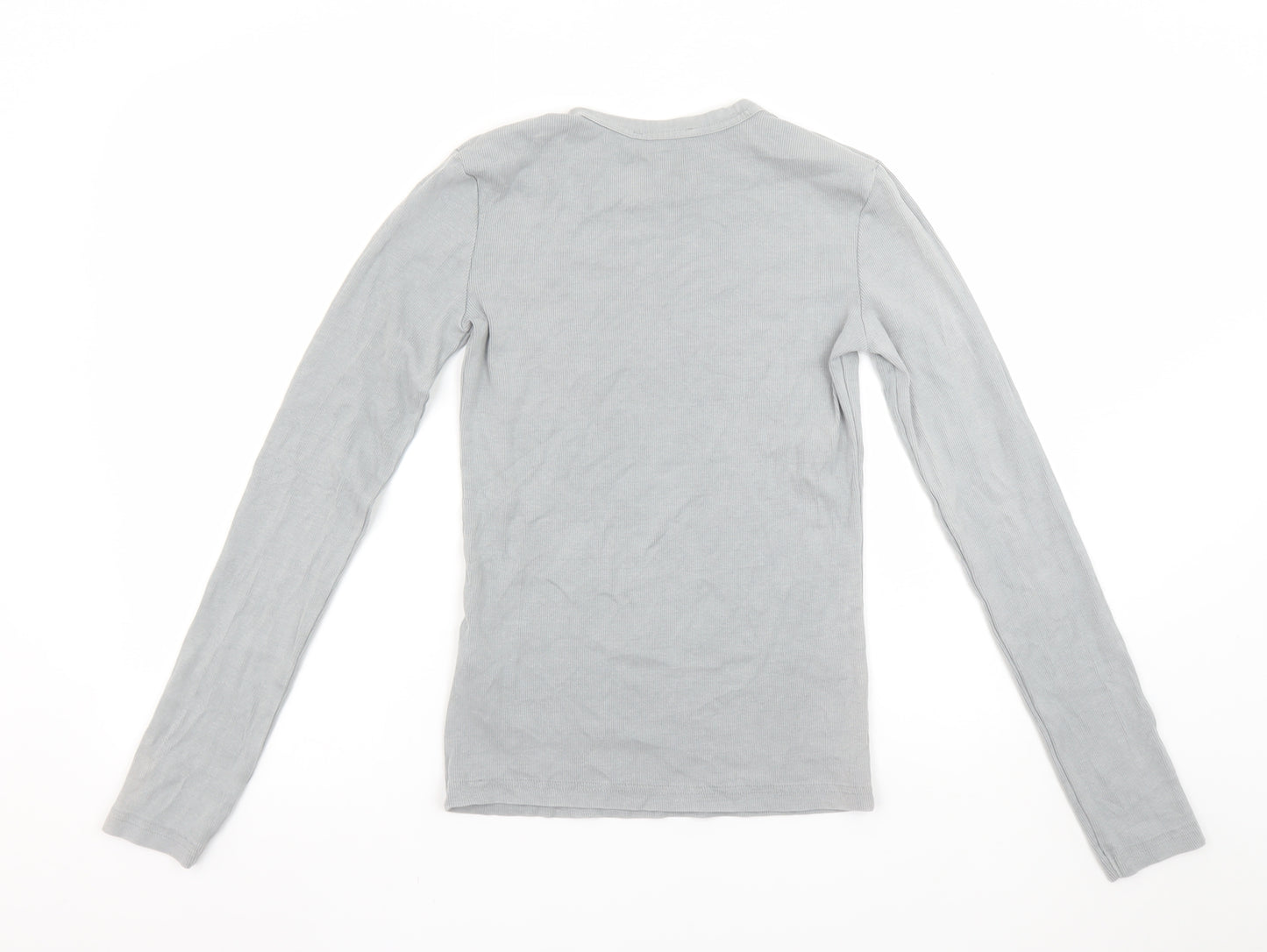 Zara Womens Grey Long Sleeve Ribbed Basic T-Shirt Medium Cotton Blend