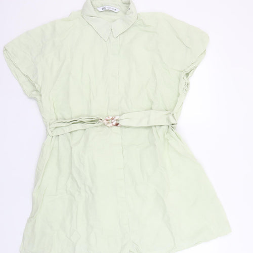 Zara Women Green Short Sleeve Shirt Dress Size 12 Linen Blend