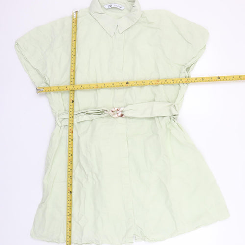 Zara Women Green Short Sleeve Shirt Dress Size 12 Linen Blend