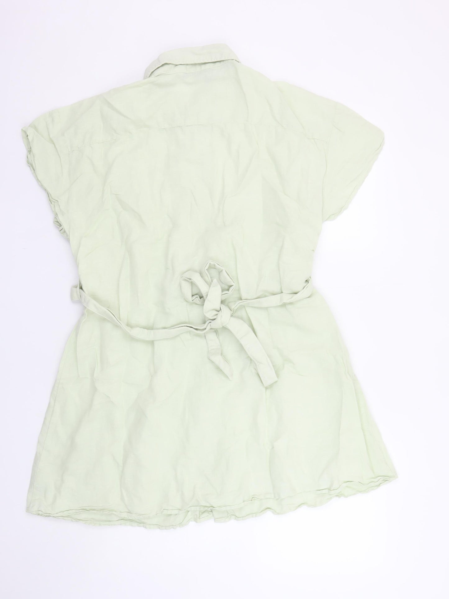 Zara Women Green Short Sleeve Shirt Dress Size 12 Linen Blend
