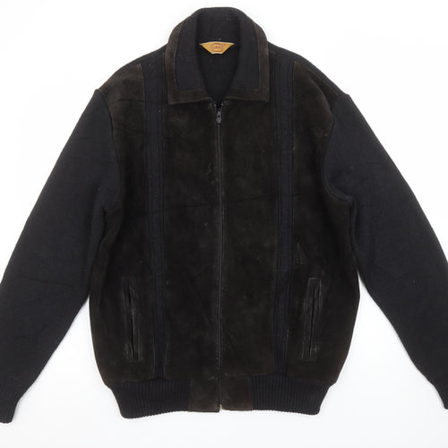 Gabicci Mens Black Leather Wool Bomber Jacket L Classic Zip Casual