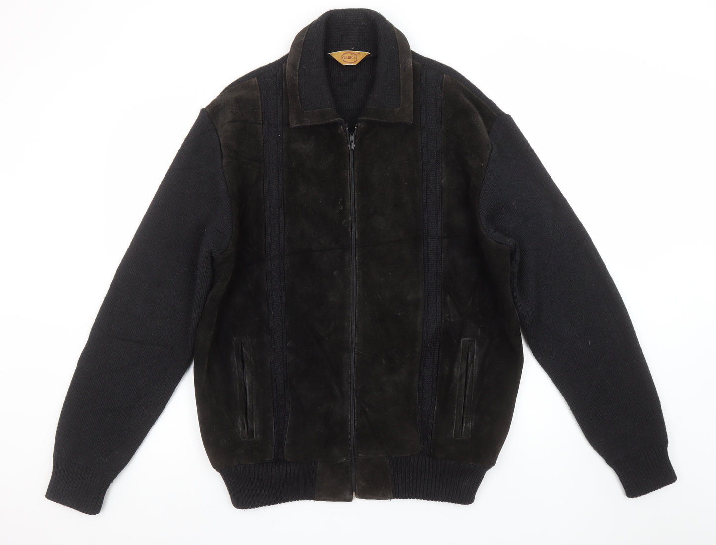 Gabicci Mens Black Leather Wool Bomber Jacket L Classic Zip Casual