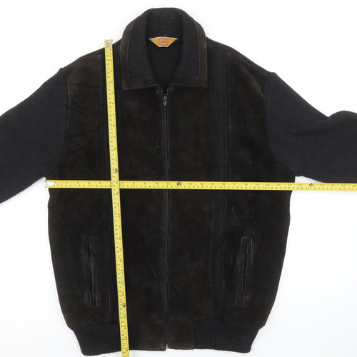 Gabicci Mens Black Leather Wool Bomber Jacket L Classic Zip Casual