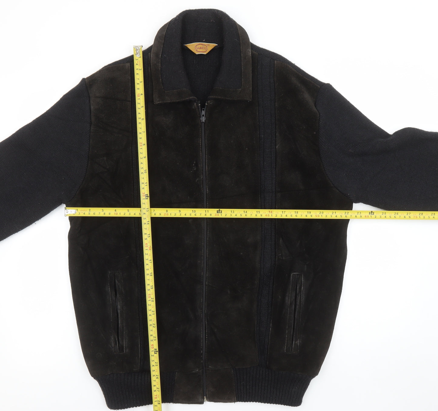 Gabicci Mens Black Leather Wool Bomber Jacket L Classic Zip Casual