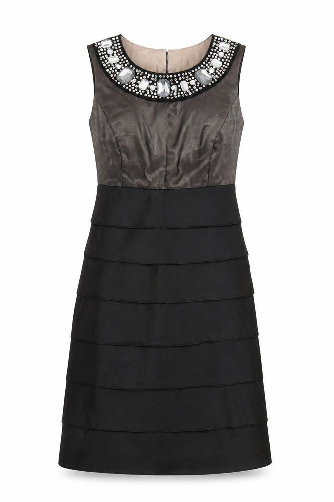 Front view of Next Women’s Black Beaded Sleeveless Shift Dress, size UK 10