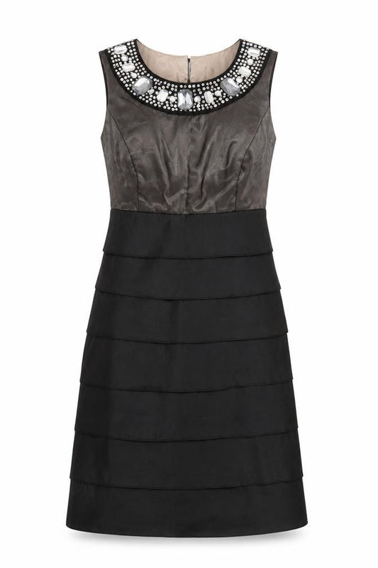 Front view of Next Women’s Black Beaded Sleeveless Shift Dress, size UK 10