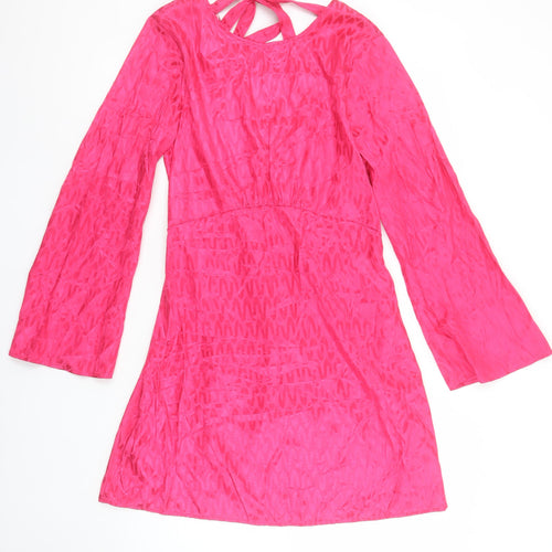 Tu Women Pink A-Line Short Dress Size 12 Long Sleeve Tie Back