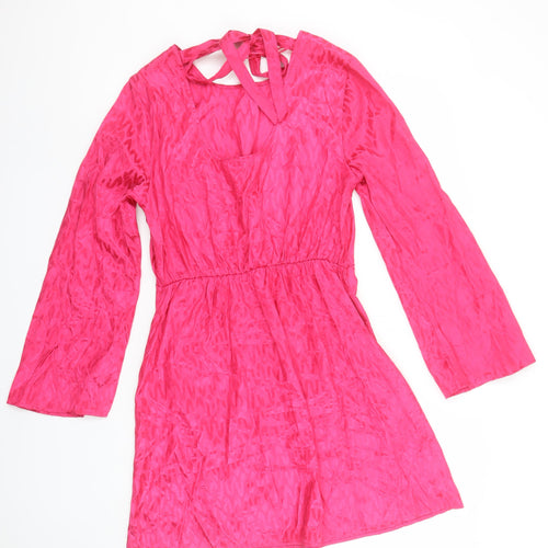Tu Women Pink A-Line Short Dress Size 12 Long Sleeve Tie Back