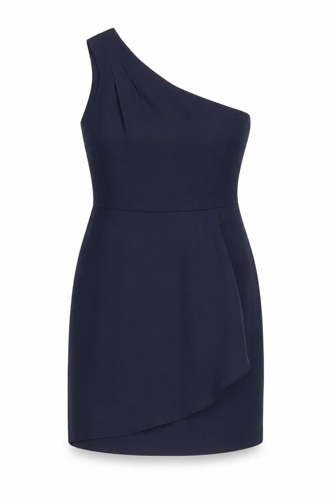 Front view of Oasis women’s blue one shoulder short sheath dress, size UK 12