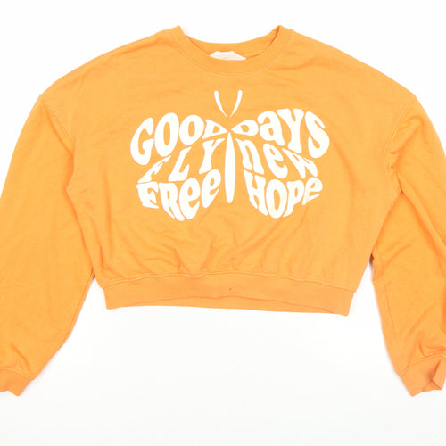 H&M Women Orange Graphic Crop Sweatshirt Size M Cotton Blend