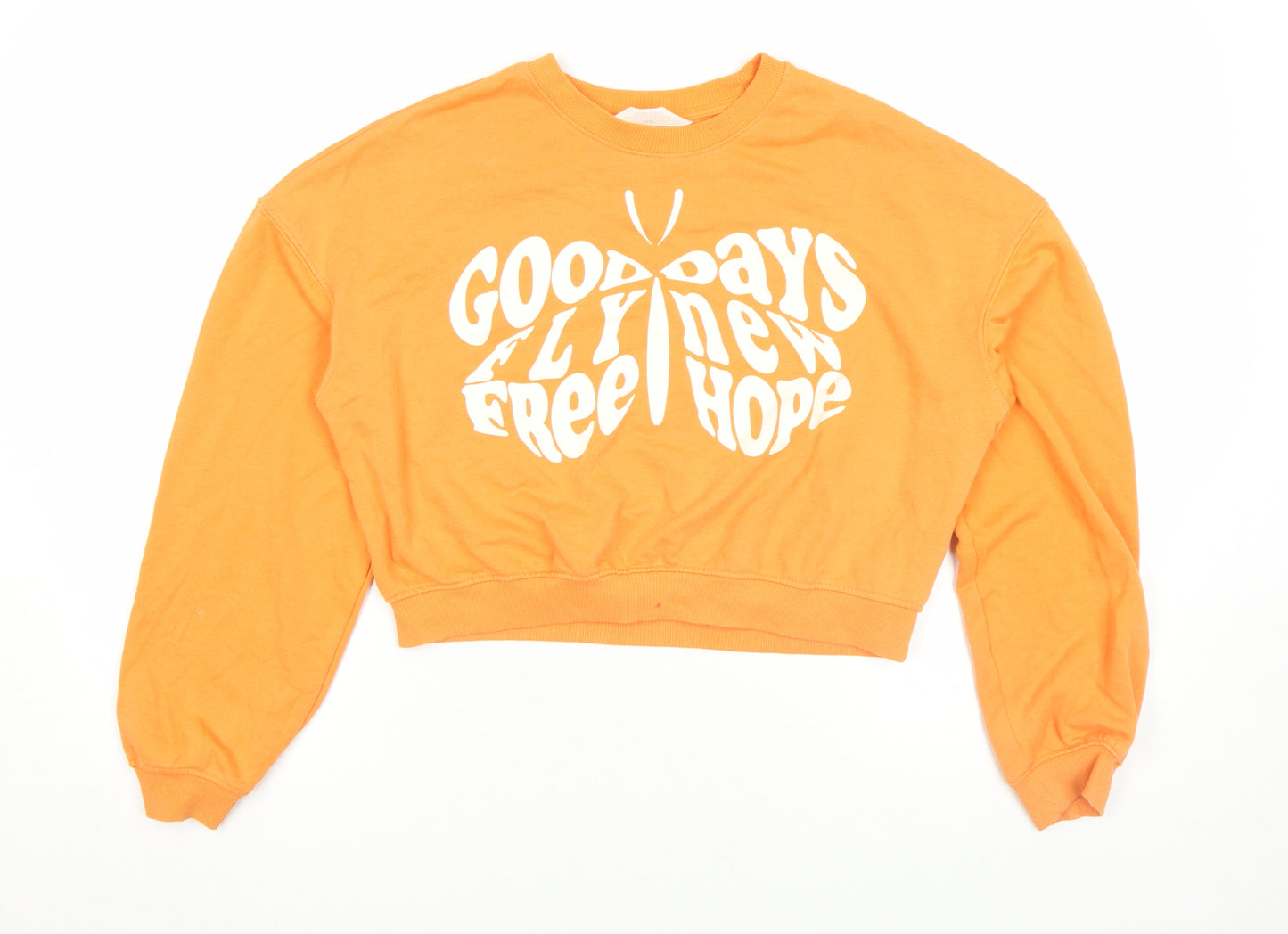 H&M Women Orange Graphic Crop Sweatshirt Size M Cotton Blend