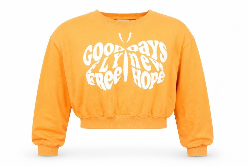 H&M Women Orange Graphic Crop Sweatshirt Size M Cotton Blend