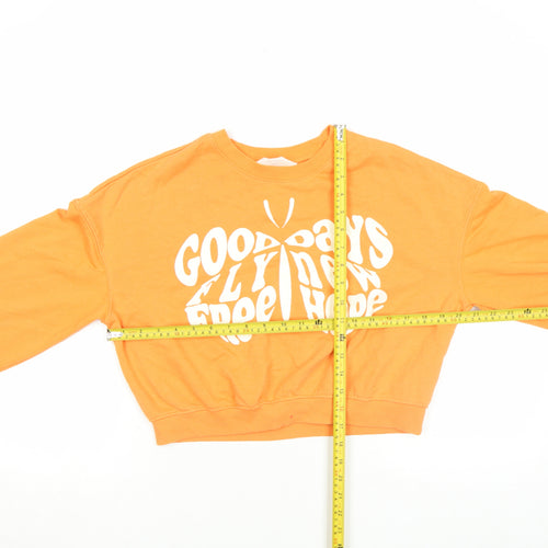 H&M Women Orange Graphic Crop Sweatshirt Size M Cotton Blend