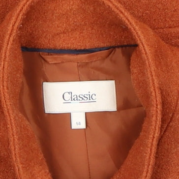 Classic Women's Brown Wool Blend Mid-Length Overcoat Size 14
