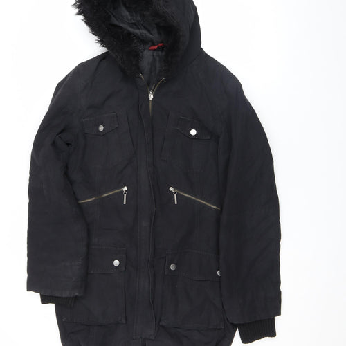 John Lewis Womens Black Hooded Parka Coat Size 12 Long Sleeve Lined