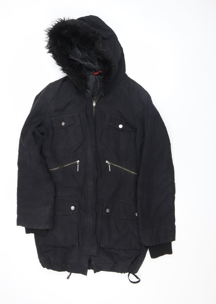 John Lewis Womens Black Hooded Parka Coat Size 12 Long Sleeve Lined