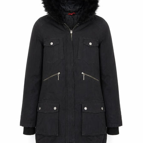John Lewis Womens Black Hooded Parka Coat Size 12 Long Sleeve Lined