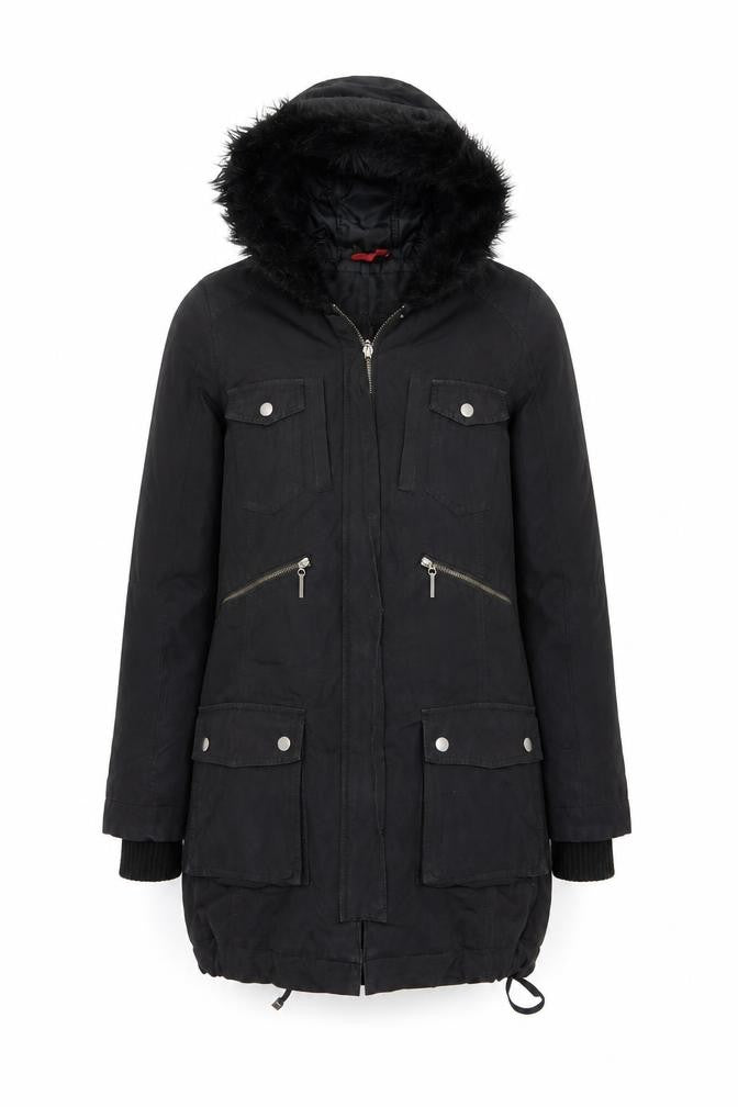John Lewis Womens Black Hooded Parka Coat Size 12 Long Sleeve Lined