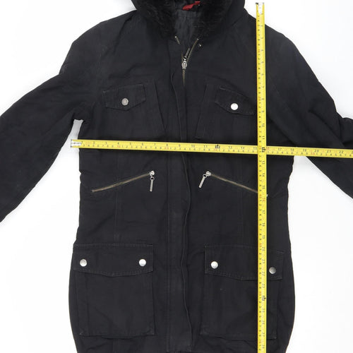John Lewis Womens Black Hooded Parka Coat Size 12 Long Sleeve Lined