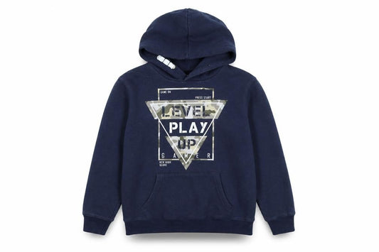 Front view of Dynamic boys’ blue gamer graphic pullover hoodie 4 years