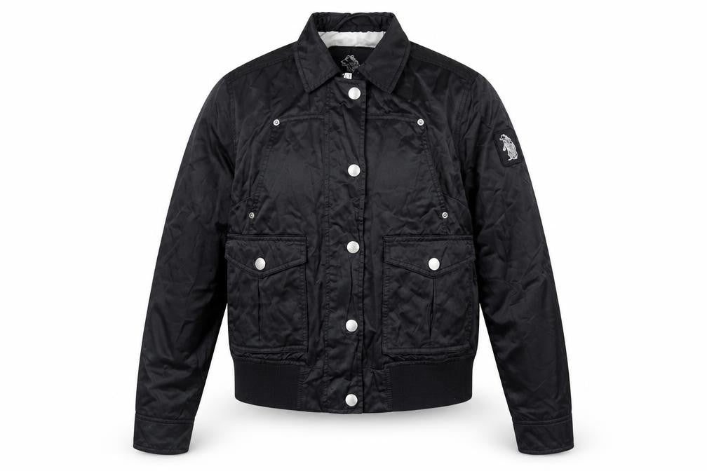 Front view of Refrigue girls’ black polyamide bomber jacket m water resistant lined