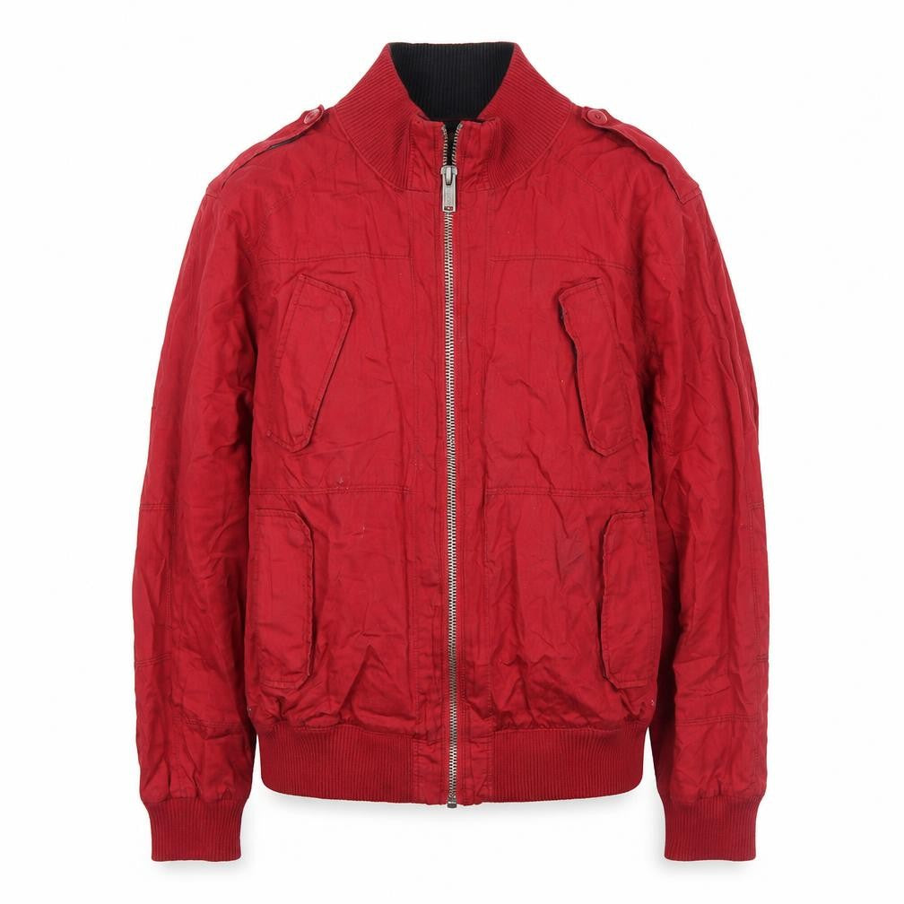 Front view of Zara Men Red Bomber Jacket, size L, Full Zip Pockets Casual Style