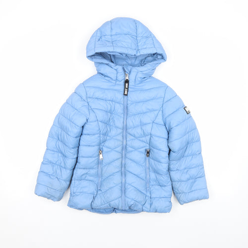 DKNY Girls Blue Hooded Puffer Jacket 6 Years Polyester Winter Quilted Zip Up
