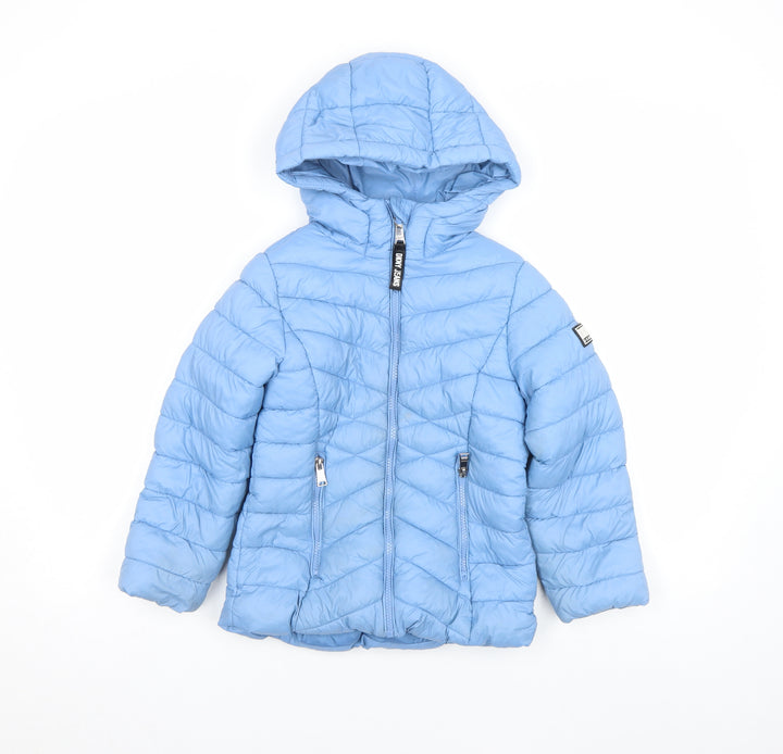 DKNY Girls Blue Hooded Puffer Jacket 6 Years Polyester Winter Quilted Zip Up